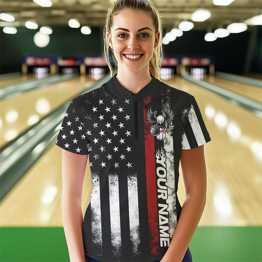 Custom Red Thin Line American Flag Eagle Bowling Women Quarter-Zip Shirt, Patriotic Bowling IPHW8736