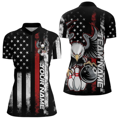 Custom Red Thin Line American Flag Eagle Bowling Women Quarter-Zip Shirt, Patriotic Bowling IPHW8736