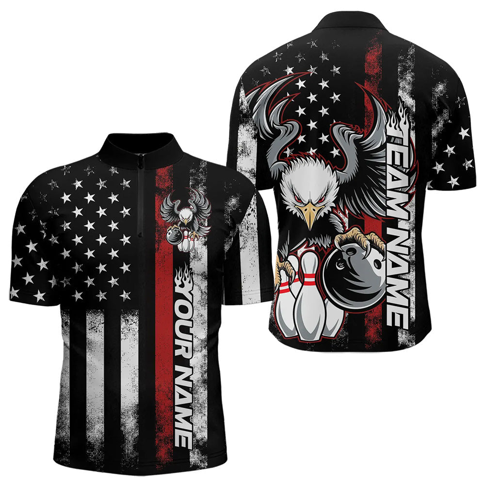 Custom Red Thin Line American Flag Eagle Bowling Men Quarter-Zip Shirts, Patriotic US Bowling Shirt IPHW8736