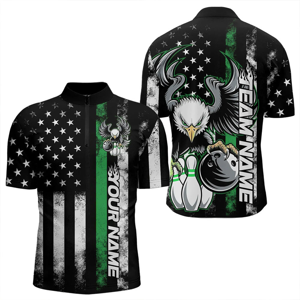 Custom Green Thin Line American Flag Eagle Bowling Men Quarter-Zip Shirts, Patriotic US Bowling IPHW8737