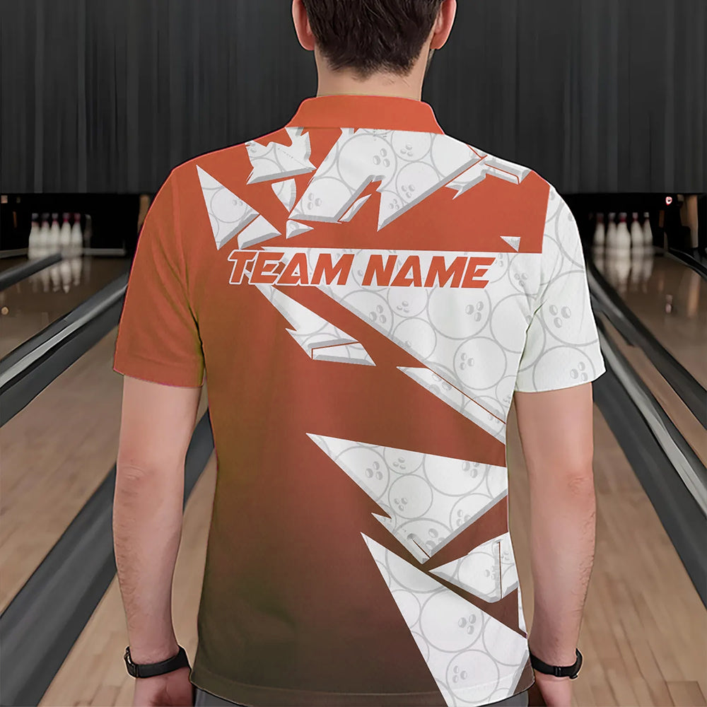 Custom White And Orange Bowling Team Polo Shirts For Men, Bowling Ball Pattern Bowlers Outfit IPHW8743