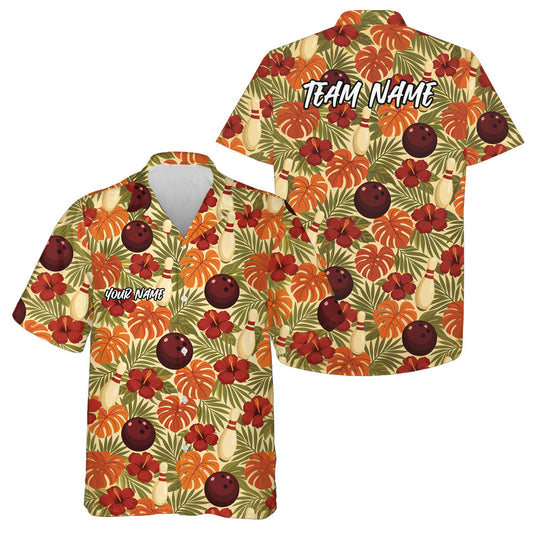 Custom Tropical Leaves And Hibiscus Flower Hawaiian Bowling Team Shirt For Men And Women IPHW10838
