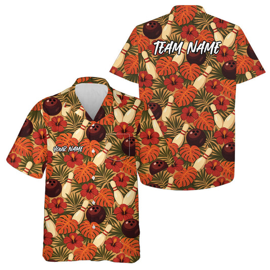 Custom Tropical Leaves And Hibiscus Flower Hawaiian Bowling Team Shirt For Men And Women IPHW10839