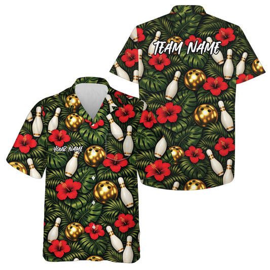 Custom Tropical Leaves And Hibiscus Flower Golden Bowling Ball Hawaiian Bowling Team Shirt IPHW10842