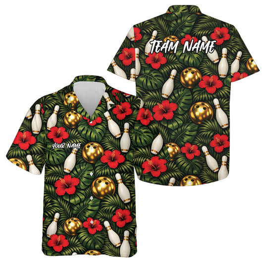 Custom Tropical Leaves And Hibiscus Flower Golden Bowling Ball Hawaiian Bowling Team Shirt IPHW10842