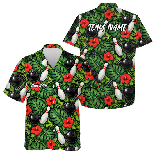 Custom Tropical Leaves And Hibiscus Flower Hawaiian Bowling Shirts For Men And Women IPHW10846