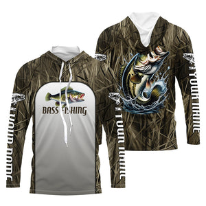 Largemouth Bass Fishing Grass Camo Custom Long Sleeve Fishing Shirts, Bass Tournament Fishing Jersey IPHW6246