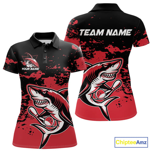 Custom Black And Red Camo Shark Bowling Team Women Polo Shirts, Bowling Tournament Shirt IPHW8995