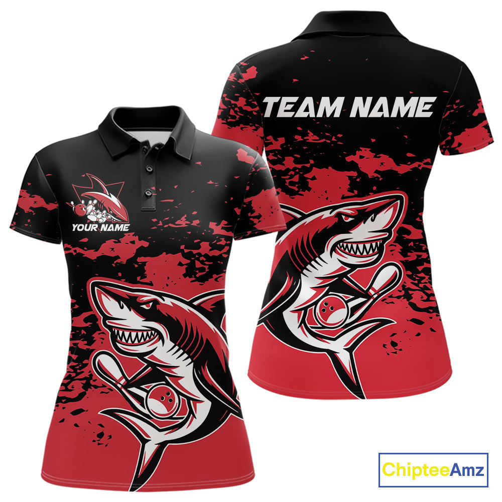 Custom Black And Red Camo Shark Bowling Team Women Polo Shirts, Bowling Tournament Shirt IPHW8995