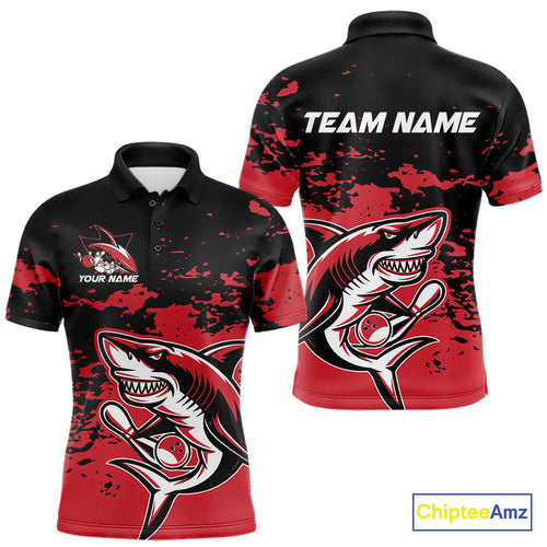Custom Black And Red Camo Shark Bowling Team Men Polo Shirts, Bowling Tournament Shirt IPHW8995