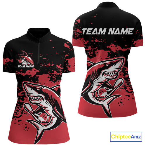 Custom Black And Red Camo Shark Bowling Women Quarter-Zip Shirt, Bowling Tournament Shirt IPHW8995