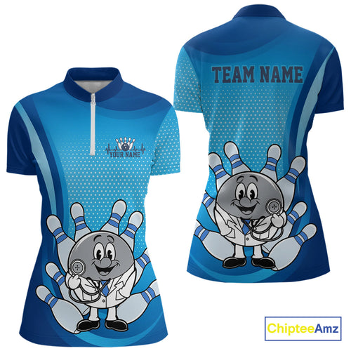 Custom Blue Doctor Bowling Quarter-Zip Shirts For Women, Funny Doctor Bowling Jerseys IPHW9235