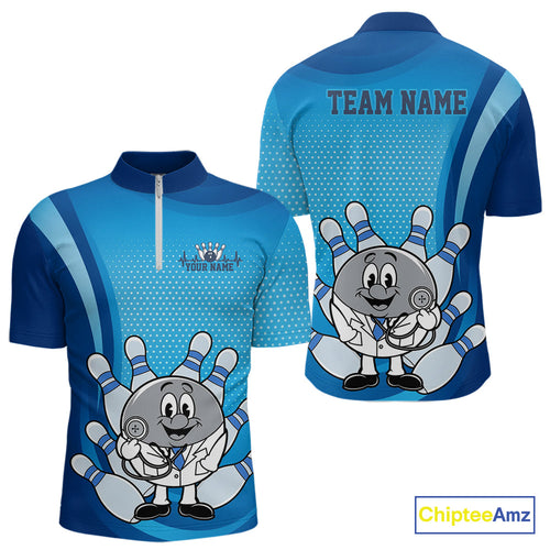 Custom Blue Doctor Bowling Quarter-Zip Shirts For Men, Funny Doctor Bowling Jerseys IPHW9235