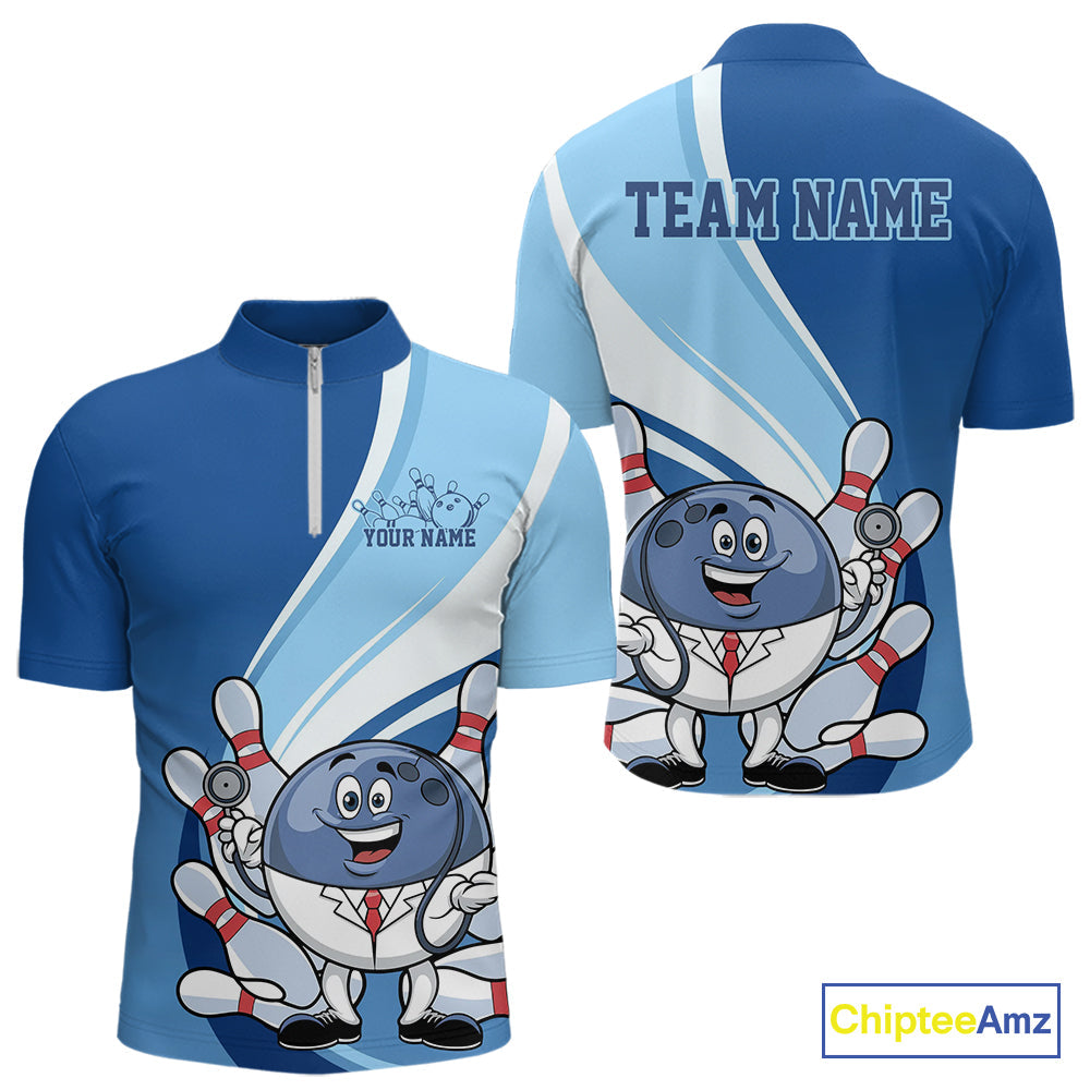 Custom Blue Doctor Bowling Quarter-Zip Shirts For Men, Funny Doctor Bowling Jerseys IPHW9239
