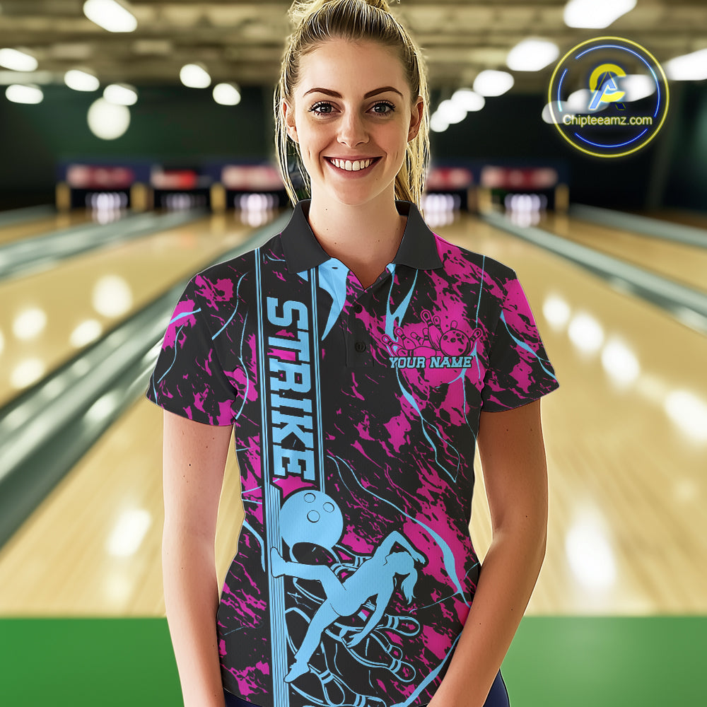 Custom Blue And Pink Strike Bowling Polo Team Shirts For Women, Strike Bowling Jersey IPHW9242