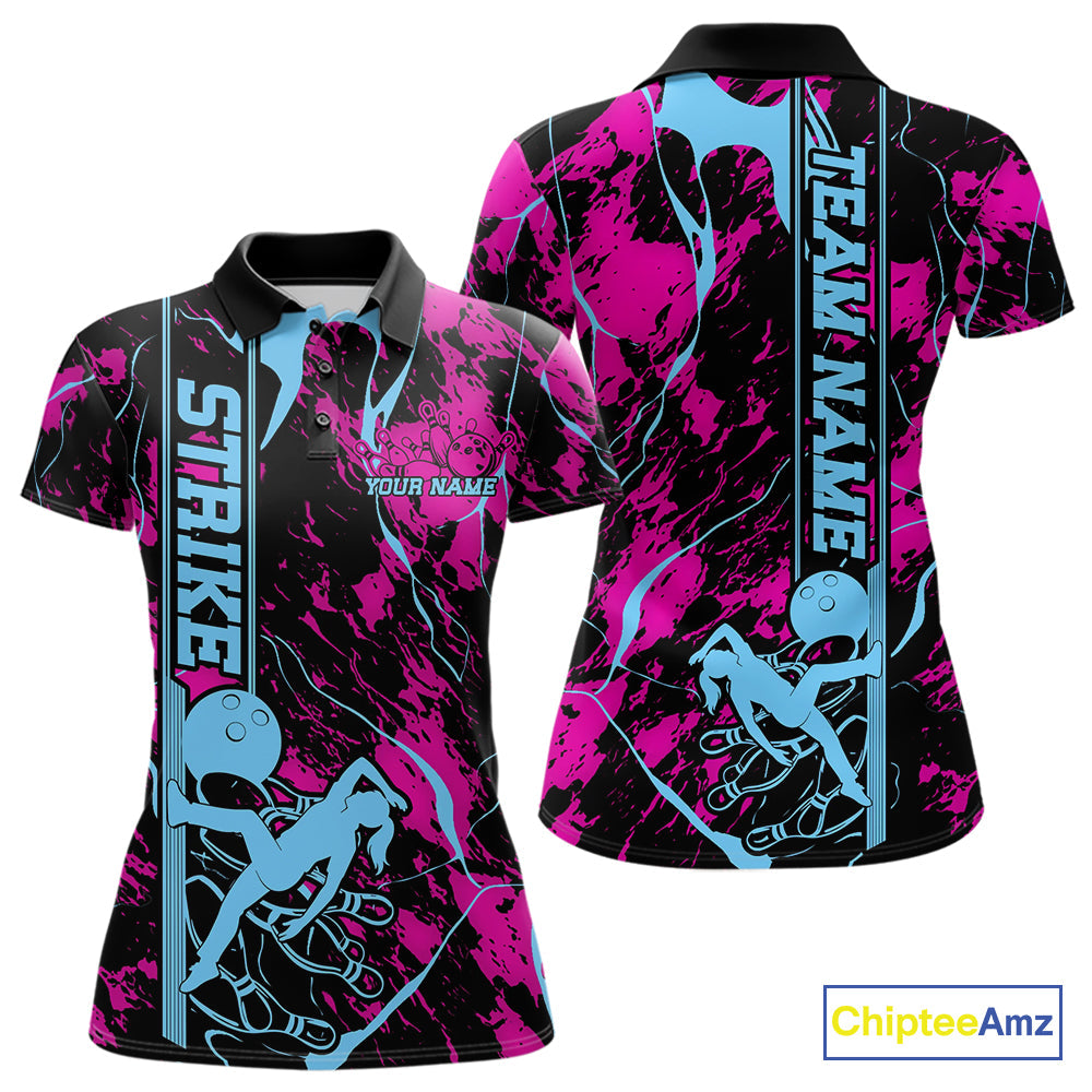 Custom Blue And Pink Strike Bowling Polo Team Shirts For Women, Strike Bowling Jersey IPHW9242