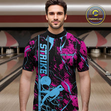Load image into Gallery viewer, Custom Blue And Pink Strike Bowling Quarter-Zip Team Shirts For Men, Strike Bowling Jersey IPHW9242