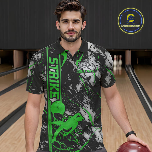 Custom Green And Gray Camo Strike Bowling Polo Team Shirts For Men, Strike Bowling Jersey IPHW9243