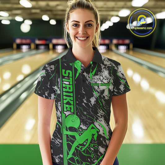 Custom Green And Gray Camo Strike Women Bowling Polo Team Shirts, Strike Bowling Jersey IPHW9243
