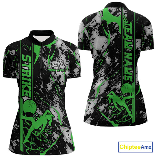 Custom Green And Gray Camo Strike Bowling Women Quarter-Zip Team Shirts, Bowling Jersey IPHW9243