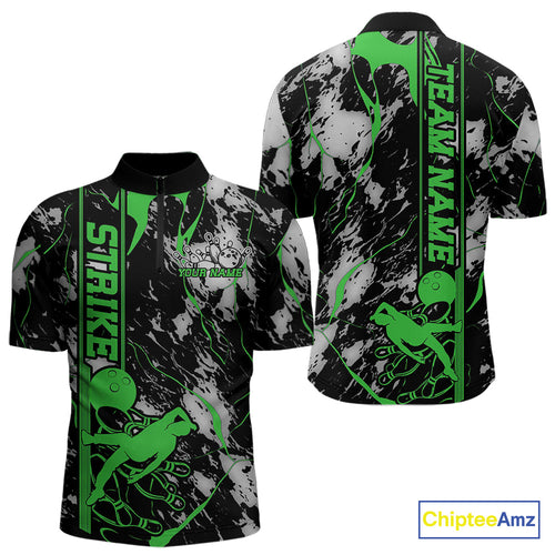 Custom Green And Gray Camo Strike Bowling Quarter-Zip Team Shirts For Men, Strike Bowling Jersey IPHW9243