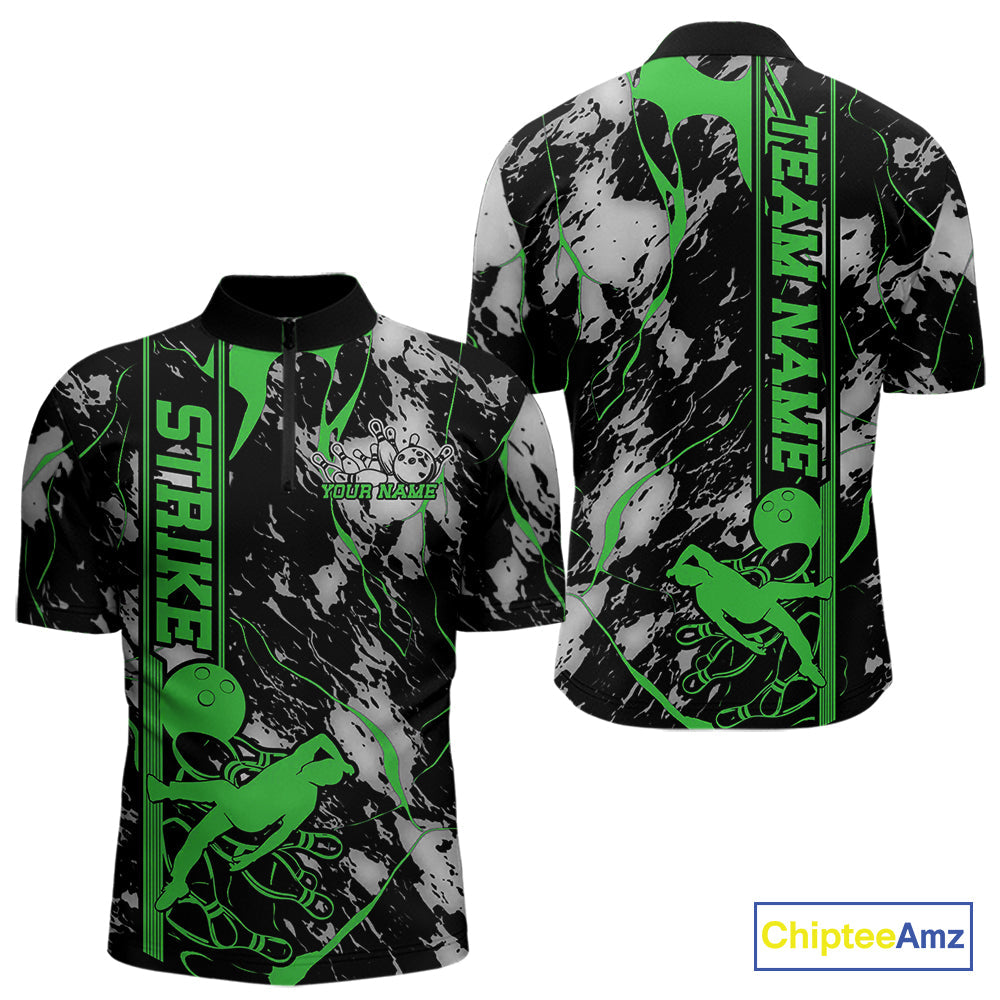 Custom Green And Gray Camo Strike Bowling Quarter-Zip Team Shirts For Men, Strike Bowling Jersey IPHW9243