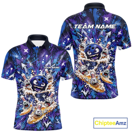 Front and back view of a blue and purple men's bowling polo shirt featuring a blue monster bowling ball leading monster bowling pins holding overflowing beer mugs with vibrant graffiti-style splatter artwork.