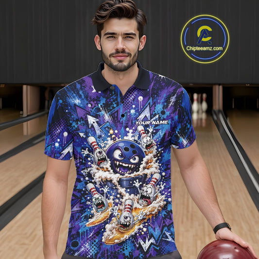 Male model wearing a blue and purple bowling polo shirt at a bowling lane, showcasing a blue monster bowling ball leading monster bowling pins with overflowing beer mugs and bold graffiti-style splatter graphics.