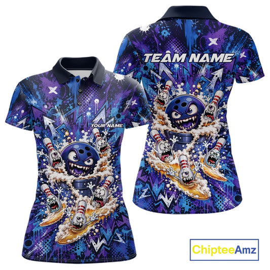 Front and back view of a blue and purple women's bowling polo shirt featuring a blue monster bowling ball leading monster bowling pins holding overflowing beer mugs with bold graffiti-style splatter artwork.