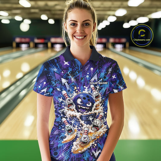 Female model wearing a blue and purple bowling polo shirt at a bowling lane, showcasing a blue monster bowling ball leading monster bowling pins with overflowing beer mugs and bold graffiti-style splatter artwork.