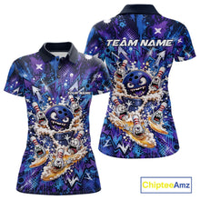 Load image into Gallery viewer, Front and back view of a blue and purple women's bowling polo shirt featuring a blue monster bowling ball leading monster bowling pins holding overflowing beer mugs with bold graffiti-style splatter artwork.