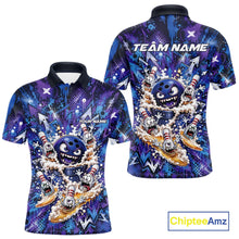 Load image into Gallery viewer, Front and back view of a blue and purple men's bowling polo shirt featuring a blue monster bowling ball leading monster bowling pins holding overflowing beer mugs with vibrant graffiti-style splatter artwork.