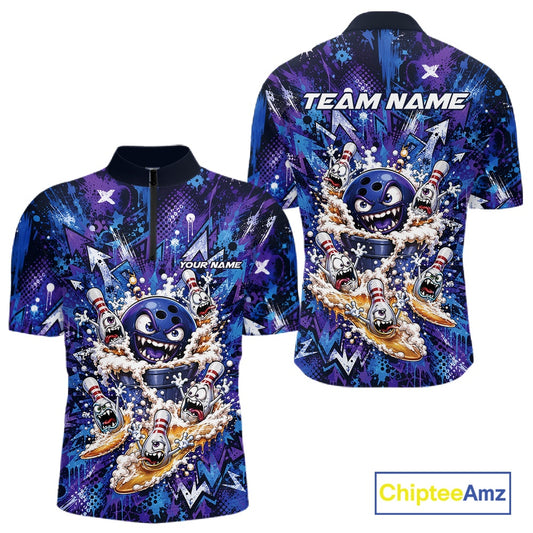 Front and back view of a blue and purple men's bowling quarter-zip shirt featuring a blue monster bowling ball leading monster bowling pins holding overflowing beer mugs with energetic graffiti-style splatter artwork.