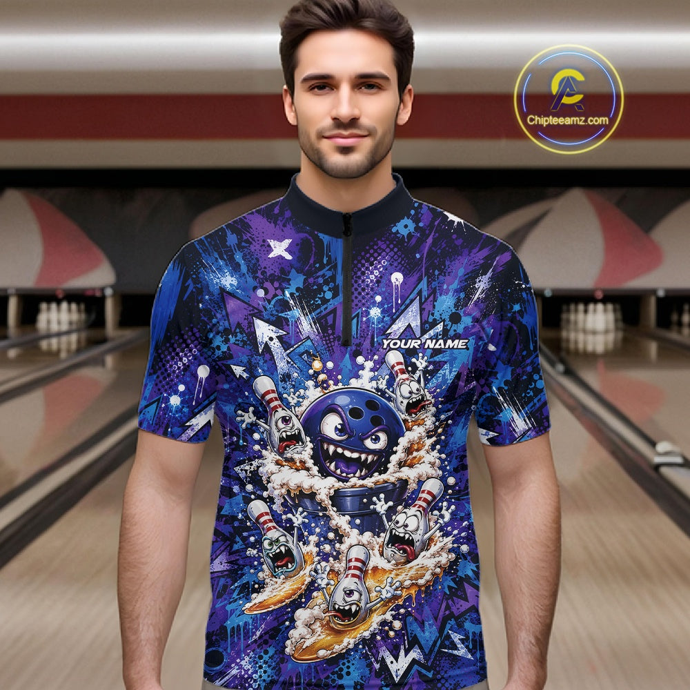Front view of a male model in a bowling lane wearing a blue and purple bowling quarter-zip shirt showcasing a blue monster bowling ball leading monster bowling pins holding overflowing beer mugs with colorful graffiti-style splatter artwork.