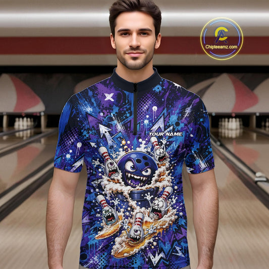 Front view of a male model in a bowling lane wearing a blue and purple bowling quarter-zip shirt showcasing a blue monster bowling ball leading monster bowling pins holding overflowing beer mugs with colorful graffiti-style splatter artwork.
