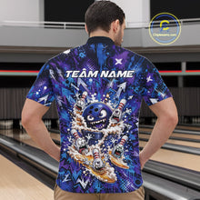 Load image into Gallery viewer, Male model wearing a blue and purple bowling quarter-zip shirt at a bowling lane, displaying a blue monster bowling ball leading monster bowling pins with overflowing beer mugs and bold graffiti-style splatter graphics.