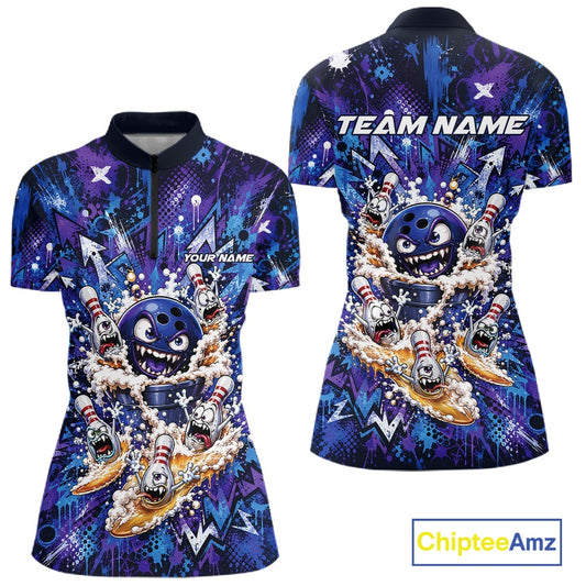 Front and back view of a blue and purple women's bowling quarter-zip shirt displaying a blue monster bowling ball leading monster bowling pins holding overflowing beer mugs with bold graffiti-style splatter artwork.