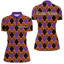 Load image into Gallery viewer, Orange And Purple Argyle Pattern Custom Skull Halloween Ladies Bowling Shirts Outfits IPHW7302