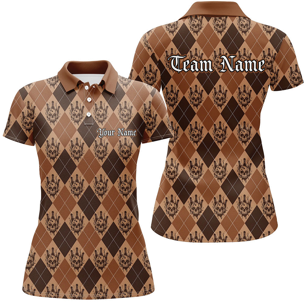 Brown Argyle Pattern Custom Skull Halloween Bowling Shirts For Women Bowlers Outfits IPHW7303