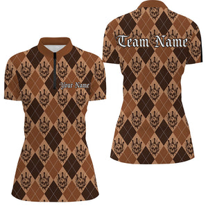 Brown Argyle Pattern Custom Skull Halloween Bowling Shirts For Women Bowlers Outfits IPHW7303