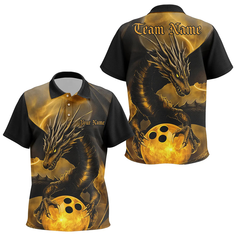 Black And Gold Custom Dragon Bowling Kid Polo Shirts, Dragon Bowling League Shirts Outfits IPHW7308