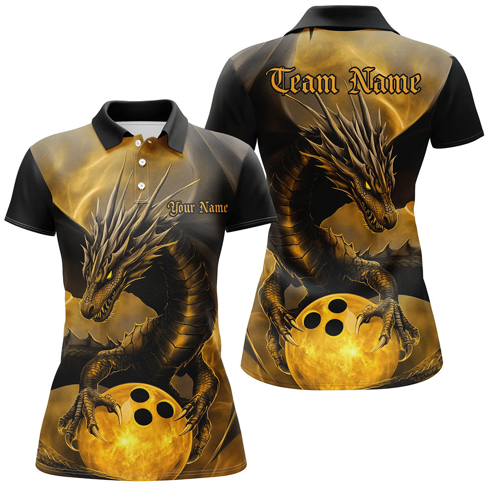 Black And Gold Custom Dragon Bowling Shirts For Women, Dragon Bowling League Shirts Outfits IPHW7308