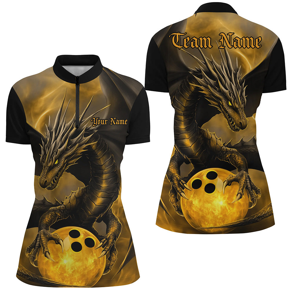 Black And Gold Custom Dragon Bowling Shirts For Women, Dragon Bowling League Shirts Outfits IPHW7308