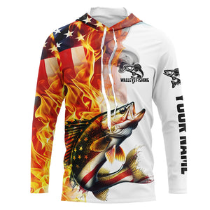 Flame American Flag Custom Walleye Fishing Shirts, Patriotic Walleye Long Sleeve Fishing Jerseys IPHW5965