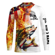 Load image into Gallery viewer, Flame American Flag Custom Walleye Fishing Shirts, Patriotic Walleye Long Sleeve Fishing Jerseys IPHW5965