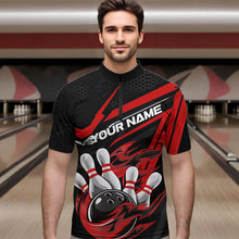 Load image into Gallery viewer, Custom Black And Red Flame Bowling Team Quarter-Zip Shirts For Men, Fire Bowling League Shirt IPHW8768