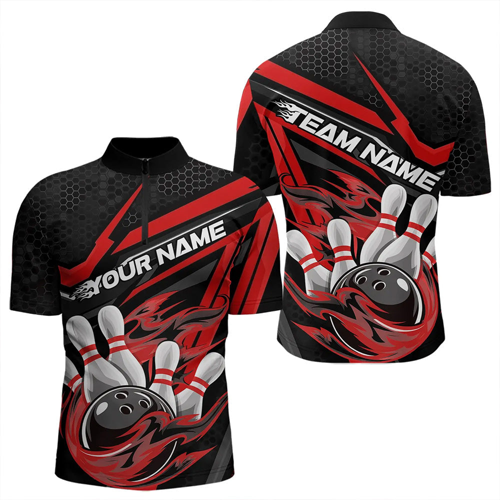 Custom Black And Red Flame Bowling Team Quarter-Zip Shirts For Men, Fire Bowling League Shirt IPHW8768