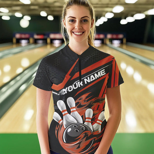 Custom Black And Orange Flame Bowling Women Quarter-Zip Shirts, Fire Bowling League Shirt IPHW8770