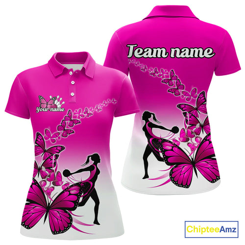 Custom Pink Gradient Butterfly Bowling Team Women Polo Shirts, Butterflies Bowlers Outfit IPHW9009