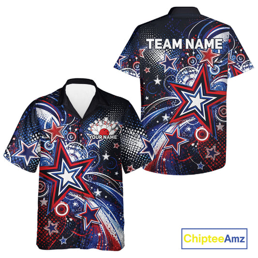 Front and back views of a custom bowling button up shirt featuring red, white, and blue patriotic stars, halftone dots, and a grunge texture design.